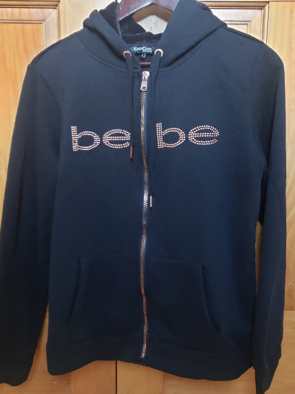 Bebe Sport Black Hoodie Rose Gold Studs Cozy Fleece Y2K Track Sweatshirt Zip L